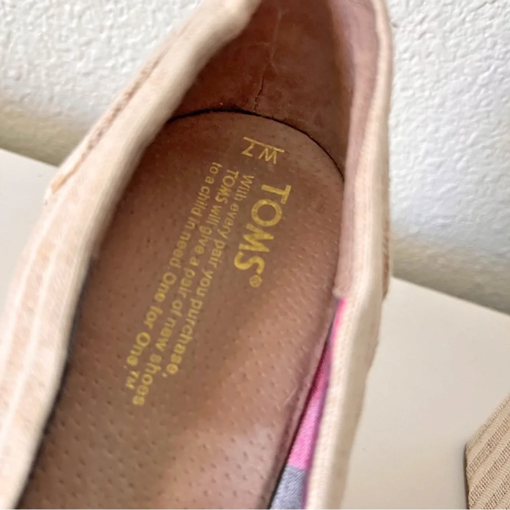 Toms Lina Wedges Beige Stripe Canvas Open Toe Size 7